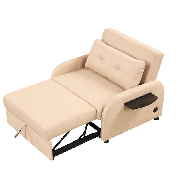 pull out sofa sleeper 3 in 1 with 2 wing table and usb charge for nap line fabric for living room recreation room Beige