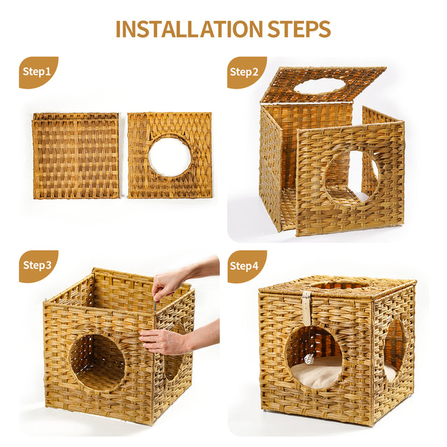 Rattan Cat Litter,Cat Bed with Rattan Ball and Cushion,yellowish brown