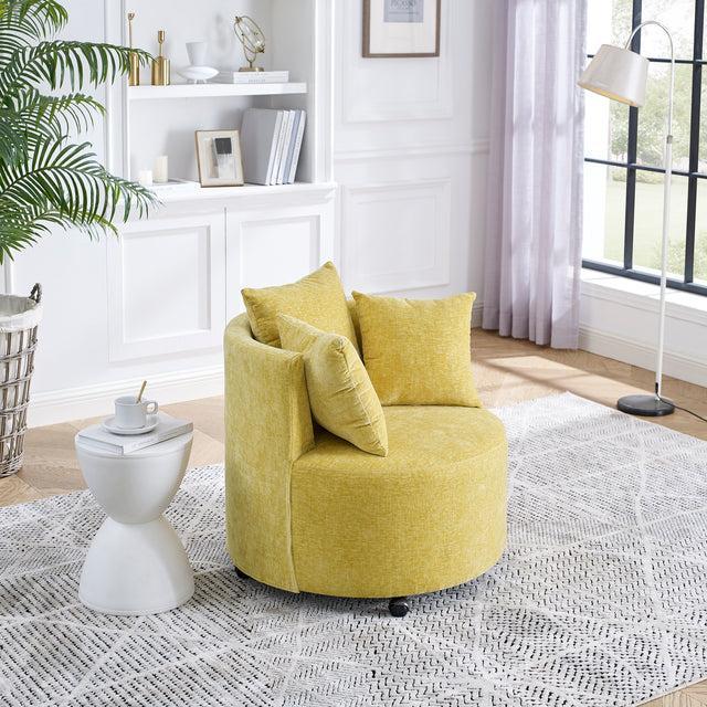 Modern Chenille Upholstered Swivel Backrest Chair for Living Room, with Movable Wheels, Including 3 Pillows, Yellow