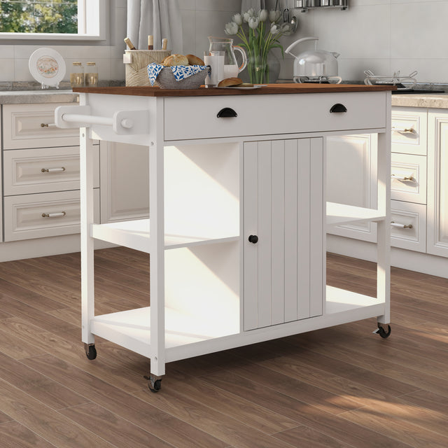 With Adjustable Shelf and Towel Bar, Lockable Wheels Kitchen Island