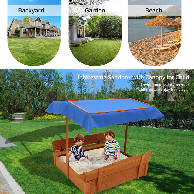 Wood Sandbox with Cover, Sand Box with 2 Bench Seats for Aged 3-8 Years Old, Sand Boxes for Backyard Garden, Sand Pit for Beach Patio Outdoor (Natural Wood)