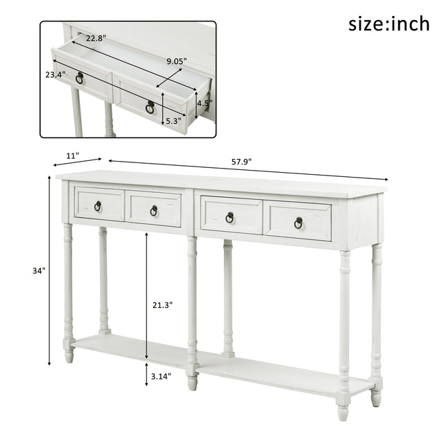TREXM Console Table Sofa Table with Drawers and Long Shelf Rectangular Living Room Table Solid Wood (Antique White)