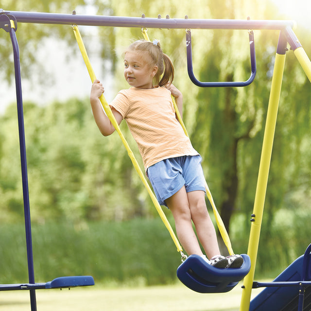 5 in 1 Outdoor Toddler Swing Set for Backyard, Playground Swing Sets with Steel Frame, Swing n' Slide Playset for Kids with Seesaw Swing, Basketball Hoop
