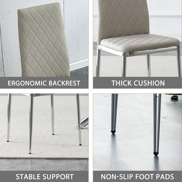 Grid Shaped Armless High Back Dining Chair, 6-piece set, Office Chair. Applicable to DiningRoom, Living Room, Kitchen and Office.Grey Chair and Electroplated Metal Leg