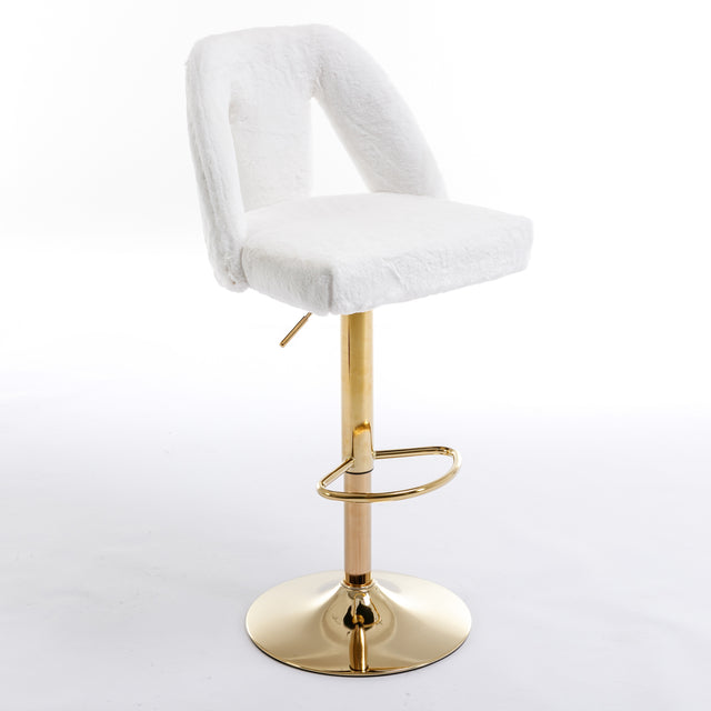 Golden Swivel Velvet Barstools Adjusatble Seat Height from 25-33 Inch, Modern Bar Stool & Counter Stools with Nailheads for Home Pub and Kitchen Island,Set of 2, Faux White Rabbit Hair
