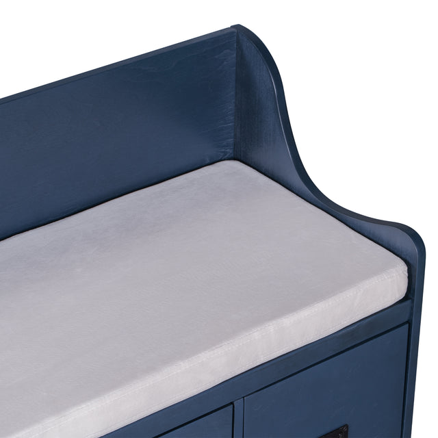 TREXM Movable Cushion Storage Bench with Drawers and Backrest for Entryway and Living Room（Antique Navy）