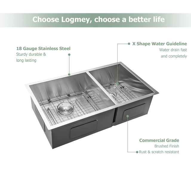 32x18 Undermount Double Bowl Kitchen Sink 60/40 18 Gauge Stainless Steel Offset Drain with 9 Inch Deep Double Bowl Sink