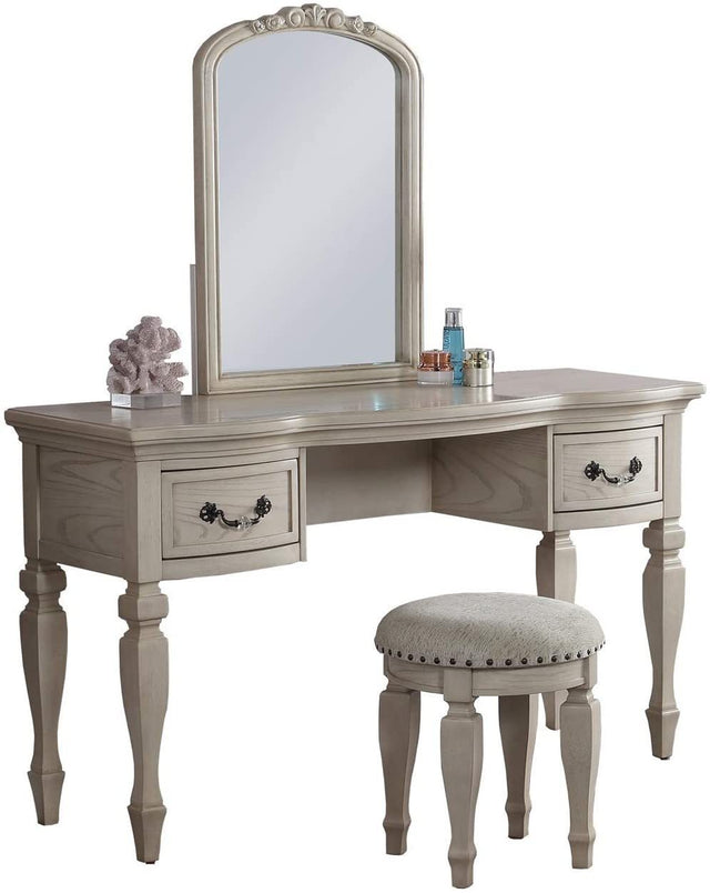 Bedroom Classic Vanity Set Wooden Carved Mirror Stool Drawers Antique White