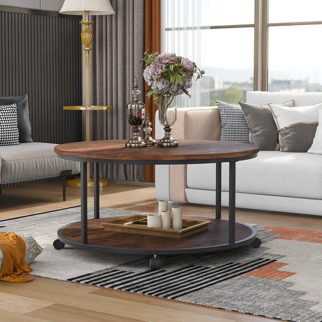 ON-TREND Round Coffee Table with Caster Wheels and Wood Textured Surface for Living Room, φ35.5”( Distressed Brown)
