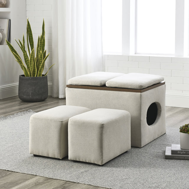 [Video] Welike 25"W Modern design hollow storage ottoman, upholstery, coffee table, two small footstools, easy storage and wide use