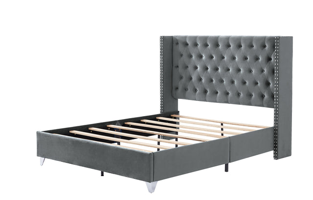 B100S Queen bed with one nightstand, Button designed Headboard,strong wooden slats + metal legs with Electroplate