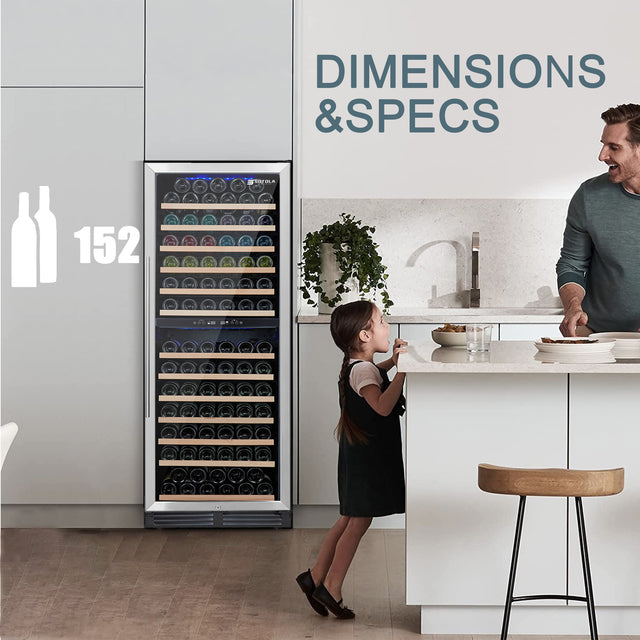 SOTOLA 24 inch Dual Zone Wine Cooler Refrigerator, 152 Bottle Large Capacity Fast Cooling Low Noise, Frost Free Wine Fridge with Digital Temperature Control, Freestanding or Built-in