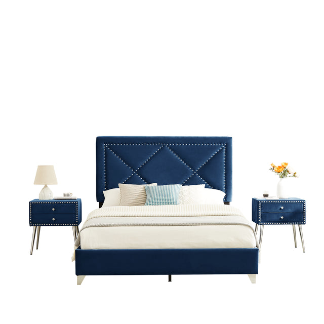 B109 Queen bed with two nightstands,Beautiful brass studs adorn the headboard, strong wooden slats + metal legs with Electroplate