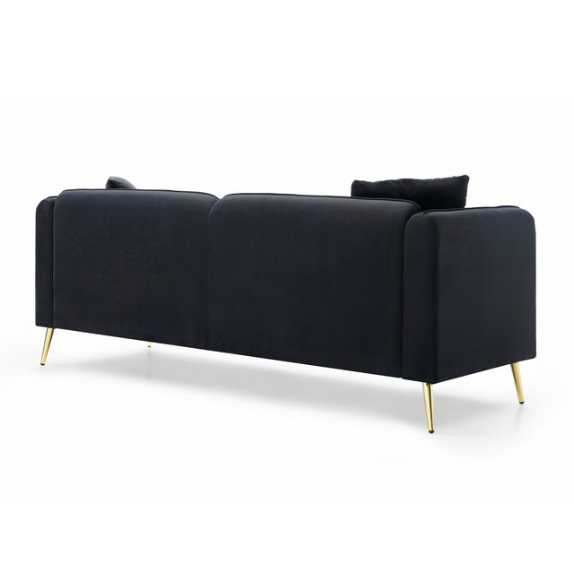 77.2” Modern Upholstered Velvet Sofa 3 Seater Couch with Removable Cushions Side Pocket Mid-Century Tufted Living Room Set Gold Metal Legs,2 Pillows Included,Black