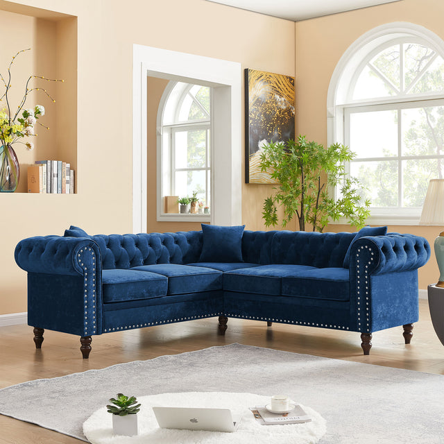 MH 80" Deep Button Tufted Upholstered Roll Arm Luxury Classic Chesterfield L-shaped Sofa 3 Pillows Included, Solid Wood Gourd Legs, Blue velvet