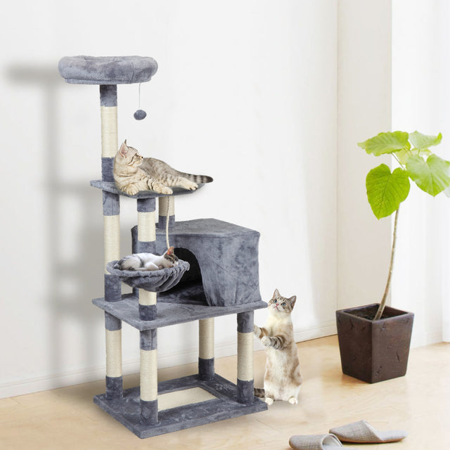Multi-Level Cat Condo with pentagonal cat litter for Kittens Tall Cat Climbing Stand with Plush Toys - light gray