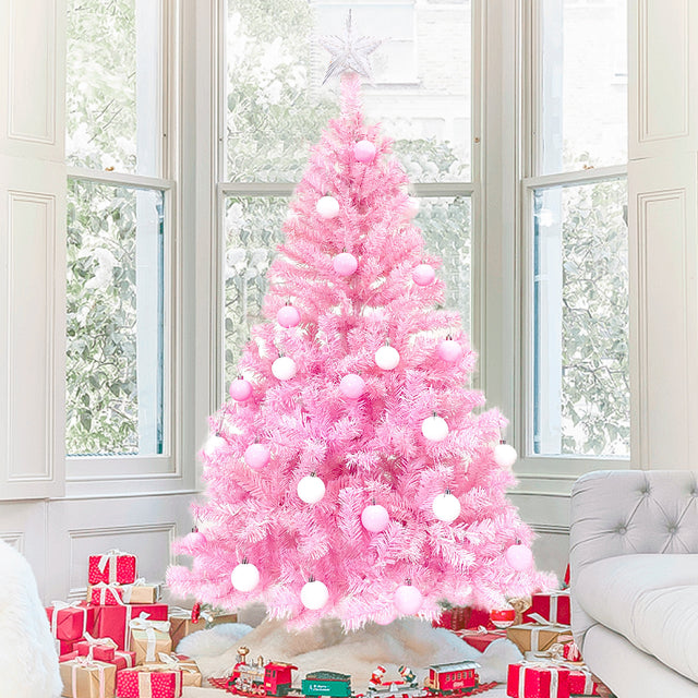 Pre-lit Artificial Christmas 2-Piece Set, Xmas Tree 5FT Pink Christmas Tree with 6 feet Garland X-mas