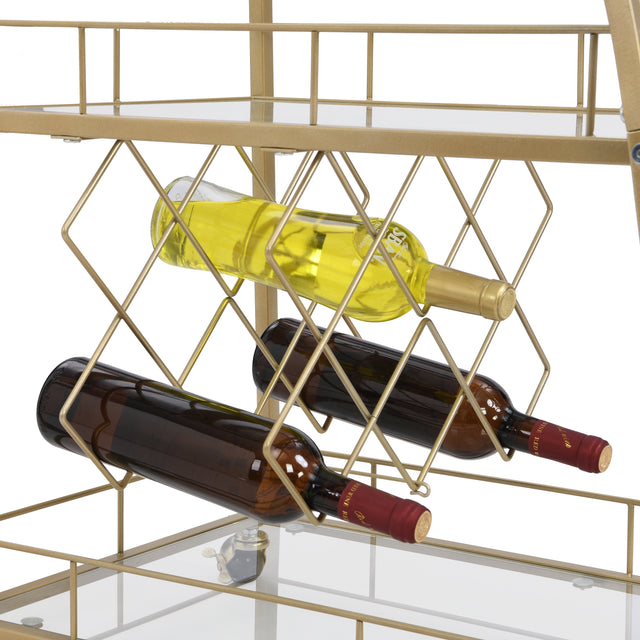 Golden Mobile Bar Cart Serving Wine Cart with Wheels, 3-tier Metal Frame Elegant Wine Rack for Kitchen, Party, Dining Room and Living Room