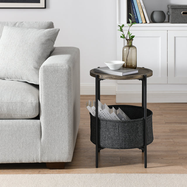 Modern Accent End Table with Storage Basket，Grey Cloth Bag and Brown Top （18“x18”x24“）