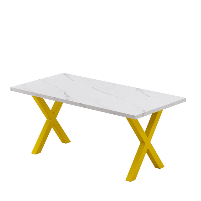 70.87"Modern Square Dining Table with Printed White Marble Table Top+Gold X-Shape Table Leg