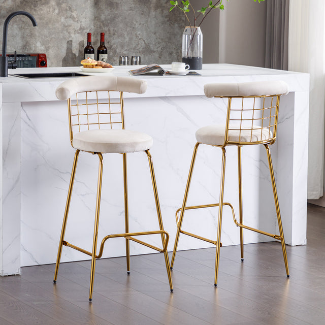 Bar Stool Set of 2, Luxury Velvet  High Bar Stool with Metal Legs and Soft Back, Pub Stool Chairs Armless Modern Kitchen High Dining Chairs with Metal Legs, Beige