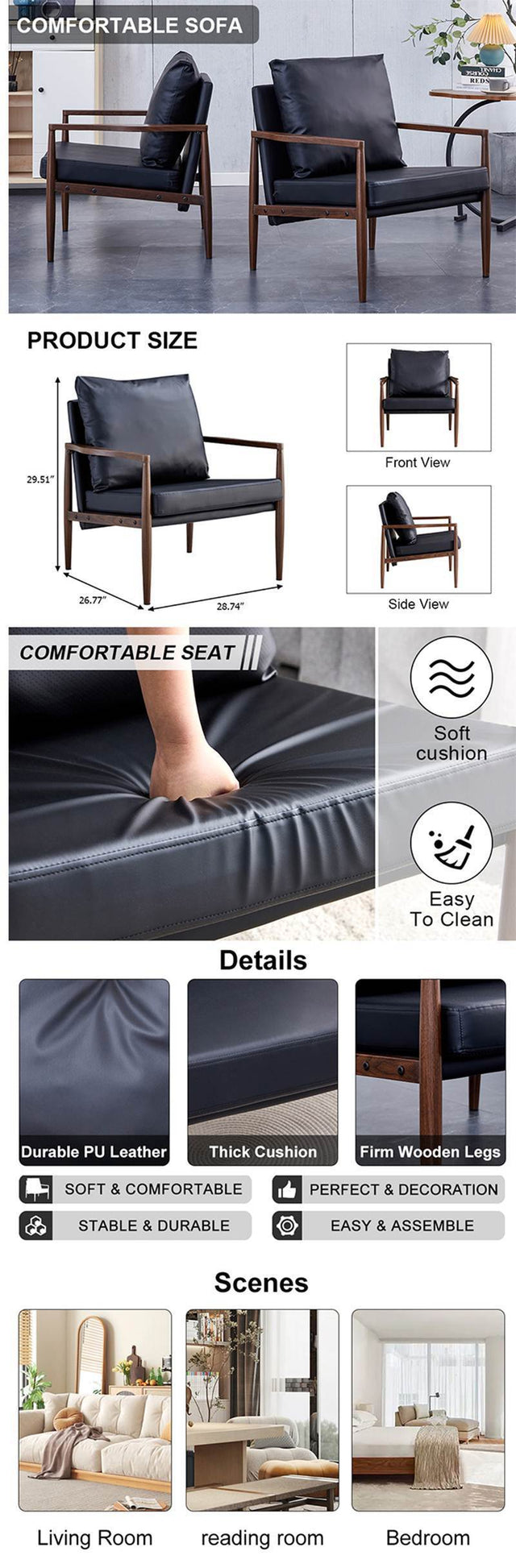 Sofa Chair Set of 2.Black PU Leather Accent Arm Chair Mid Century Modern Upholstered Armchair with Imitation solid wood color Metal Frame Padded Backrest and Seat Cushion Sofa Chairs for Living Room