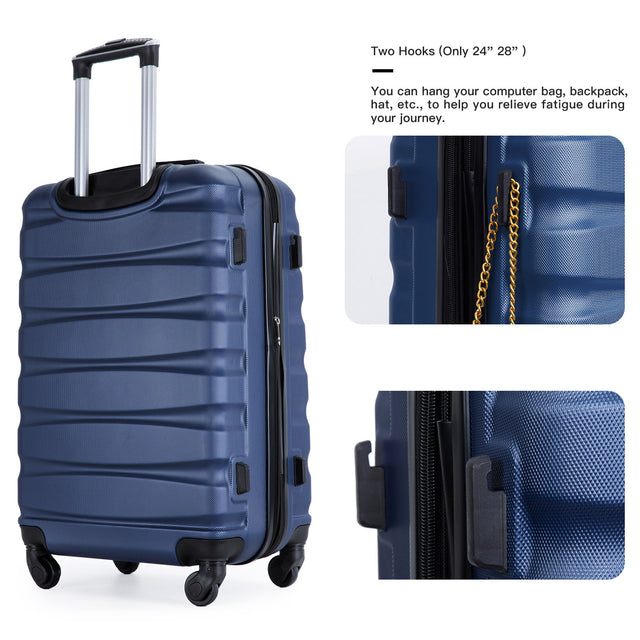 Expandable 3 Piece Luggage Sets ABS Lightweight Suitcase with Two Hooks, Spinner Wheels, TSA Lock, (20/24/28) Blue