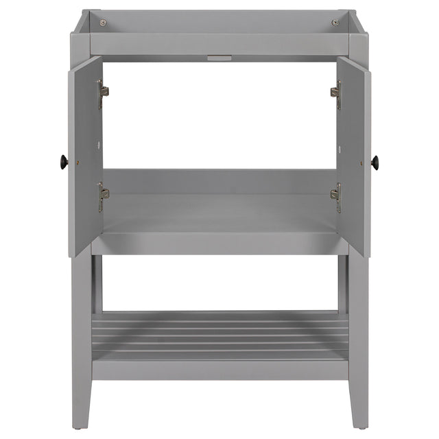 24" Bathroom Vanity Base Only, Soild Wood Frame, Bathroom Storage Cabinet with Doors and Open Shelf, Grey