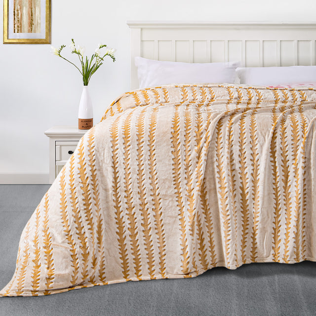 Back Printing Shaved Flannel Plush Blanket, Light Brown Stripe Blanket for Bed or Sofa, 60" x 80"