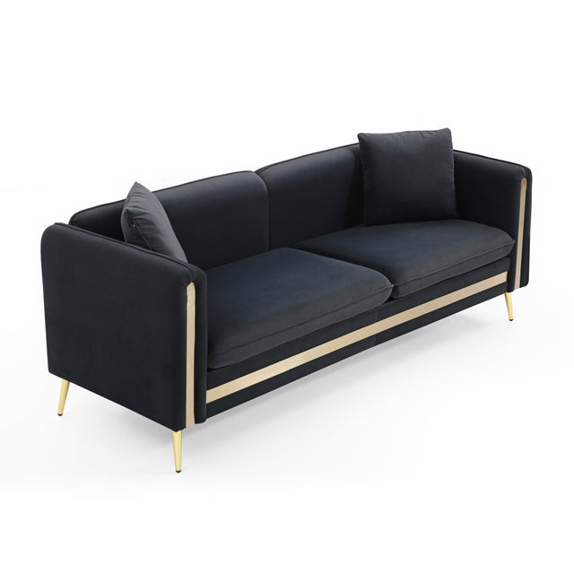 77.2” Modern Upholstered Velvet Sofa 3 Seater Couch with Removable Cushions Side Pocket Mid-Century Tufted Living Room Set Gold Metal Legs,2 Pillows Included,Black