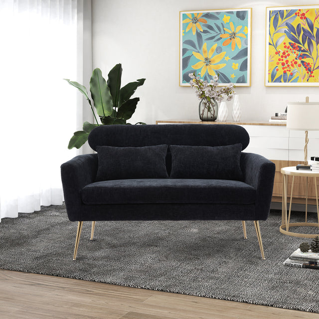 51"W Modern Chenille Loveseat Small Sofa Small Mini Room Couch Two-Seater Sofa With 2 Throw Pillows Gold Metal Legs for Small Space Office Studio Apartment Bedroom, Black Chenille