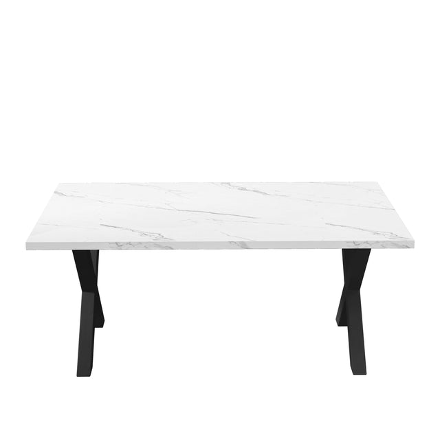 70.87"Modern Square Dining Table with Printed White Marble Table Top+Black X-Shape Table Leg