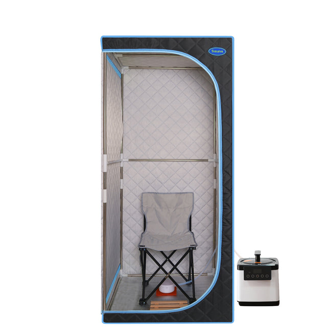 Portable Plus Type Full Size Steam Sauna tent. Spa, Detox ,Therapy and Relaxation at home.Larger Space,Stainless Steel Pipes Connector Easy to Install, with FCC Certification--Black(Blue binding)