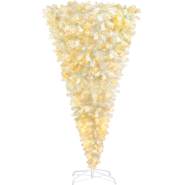 Upside Down White Christmas Tree, Xmas Tree with LED Warm White Lights, Reinforced Metal Base & Easy Assembly 6.6ft, w/1,200 Lush Branch Tips, 450 LED Lights X-mas