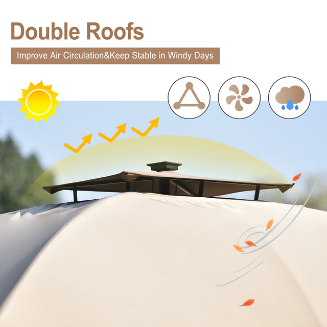 TOPMAX 10ft W*12ft L Outdoor Double Vents Gazebo Patio Metal Canopy with Screen and LED Lights for Backyard, Poolside, Brown