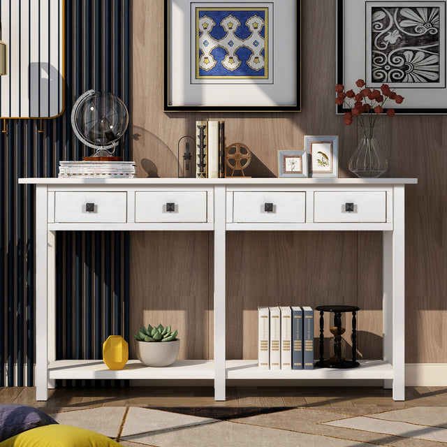 TREXM Rustic Brushed Texture Entryway Table Console Table with Drawer and Bottom Shelf for Living Room（Ivory White）