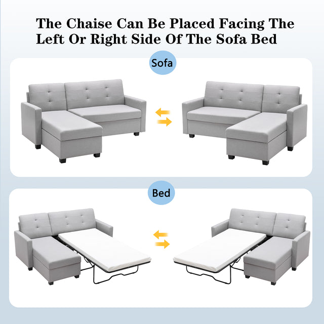 78.3" Convertible Sleeper Sofa Bed,Linen Pull Out Couch with Storage Chaise,Sleeper Counch with Memory Foam Mattress for  Small Space Living Room Bedroom Office,Light Gray