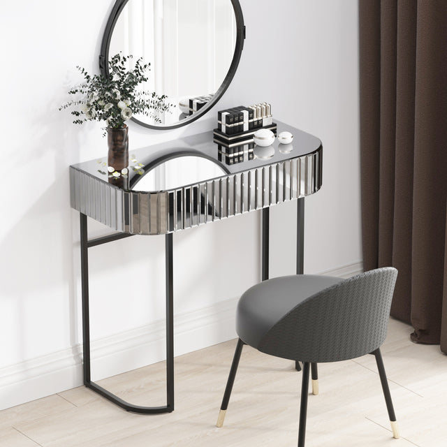 Mirrored Vanity Table, Mirrored Dressing Table, Iron Frame Desk for Bedroom Studio Office(Gray Striped Mirrored)