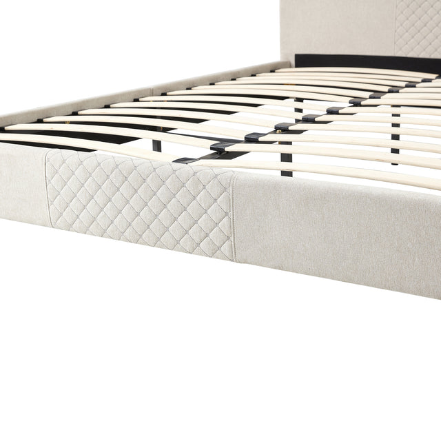Full Size Platform Bed Frame with Fabric Upholstered Headboard and Wooden Slats Support, Fully Upholstered Mattress Foundation/No Box Spring Needed/Easy Assembly, Beige
