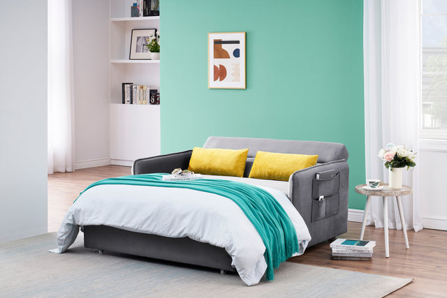 2120 Sofa Pull Out Bed Included Two Pillows 54" Grey Velvet Sofa for Small Spaces