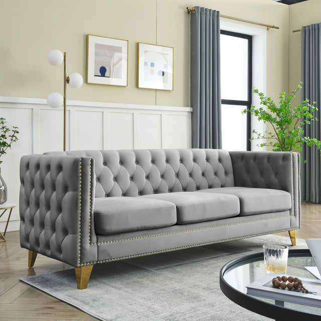 {Contact us for 3D modeling}  Velvet Sofa for Living Room,Buttons Tufted Square Arm Couch, Modern Couch Upholstered Button and Metal Legs, Sofa Couch for Bedroom, Grey Velvet