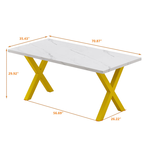 70.87"Modern Square Dining Table with Printed White Marble Table Top+Gold X-Shape Table Leg