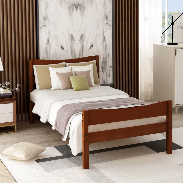 【Not allowed to sell to Walmart】Twin Size  Wood Platform Bed with Headboard and Wooden Slat Support (Walnut)