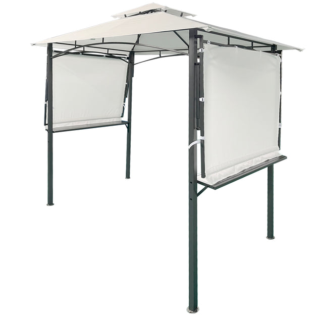 TOPMAX 13Ft.Lx4.5Ft.W Iron Double Tiered Backyard Patio BBQ Grill Gazebo with Bar Counters&Extendable Shades, White