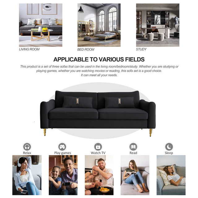 80.3" Modern Sofa Couch Upholstered Sofa Tufted Back Comfy Velvet Long Couch with 2 Pillows and Golden Legs for Living Room, Bedroom, Office, Apartment, Black