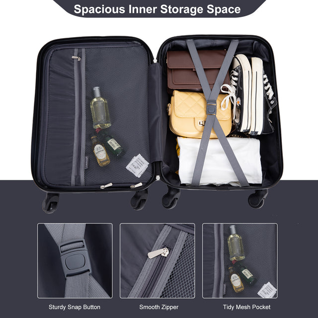 20" Carry on Luggage  ABS Lightweight Suitcase, Spinner Wheels, TSA Lock, Black