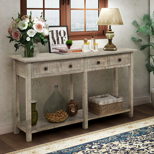 TREXM Rustic Brushed Texture Entryway Table Console Table with Drawers and Bottom Shelf for Living Room (Grey Wash)