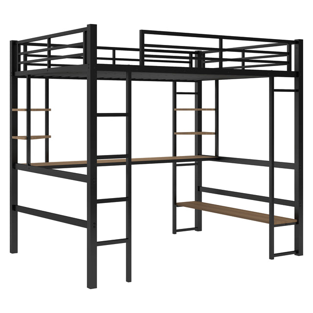 Full Size Loft Metal&MDF Bed with Long Desk and Shelves,Black(OLD SKU:SM000608AAB-1)