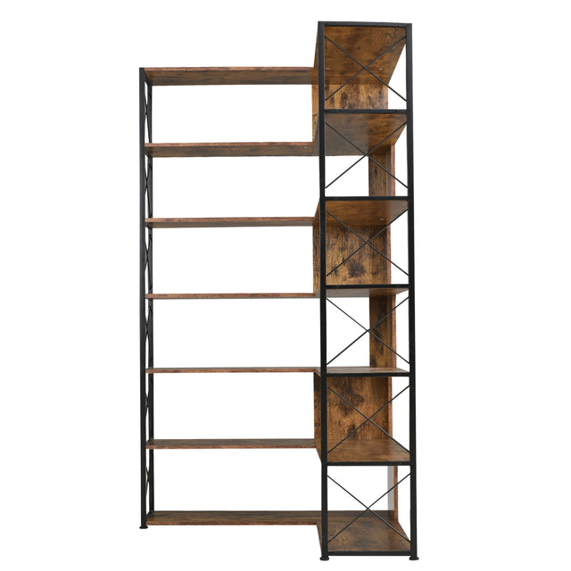 7-Tier Bookcase Home Office Bookshelf,  L-Shaped Corner Bookcase with Metal Frame, Industrial Style Shelf with Open Storage, MDF Board