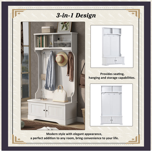 ON-TREND Hall Tree Entryway Bench with Shelves Cabinet and Four Hooks, 3-in-1 Design, White